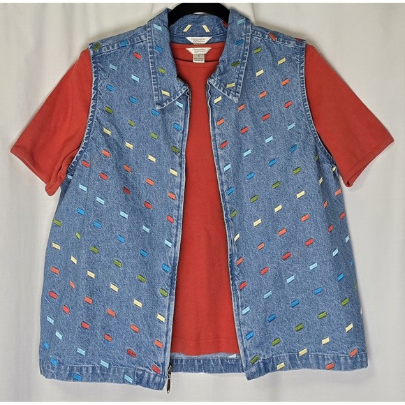 Vtg‎ Christopher & Banks Womens M Denim Vest W/Shirt Multi Embroidered Artsy Zip - Picture 2 of 13